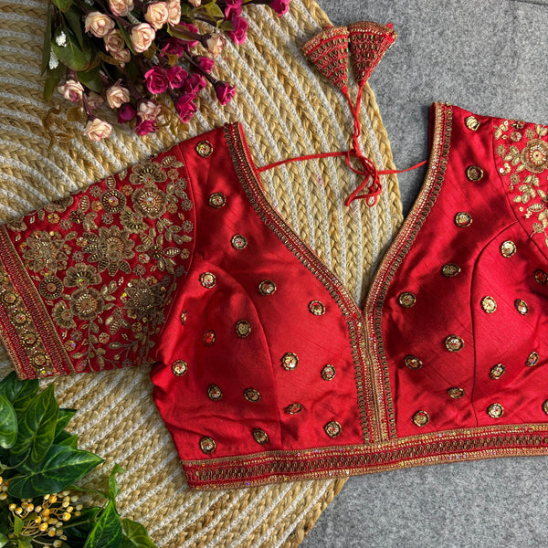 BEAUTIFUL HEAVY SABYASACHI STYLE V- NECK BEADS COPPER MATCHING WORK BRIDAL BLOUSE